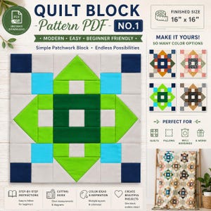 Op de afbeelding: Een quiltblokpatroon PDF met een afmeting van 40.6 cm x 40.6 cm. Het ontwerp heeft een centraal groen en blauw geometrisch patroon, omgeven door grijze en marineblauwe vierkanten. De tekst luidt "Modern, Gemakkelijk, Beginner".