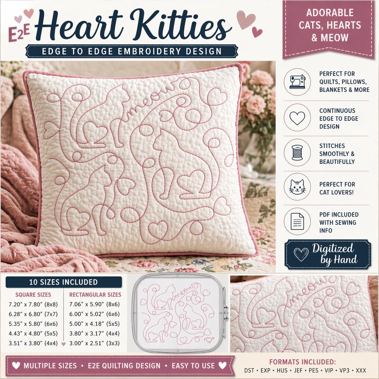 Heart Kitties Embroidery Design, Continuous Line E2E Cats & Meow ...