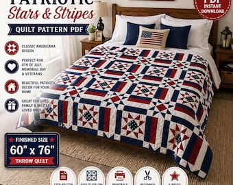 Patriotic Liberty Stars & Stripes Quilt Pattern, Americana Throw Quilt, Red White Blue (PDF Download)