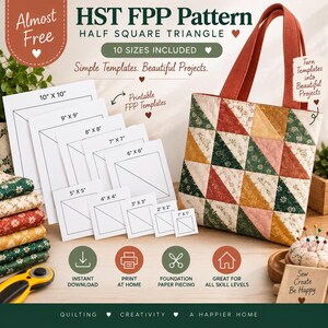 May include: A digital quilting pattern set titled HST FPP Pattern Half Square Triangle, featuring 10 printable templates ranging from 1" x 1" to 10" x 10". Includes a tote bag with a triangular patchwork design in green, orange, and yellow floral fabrics.