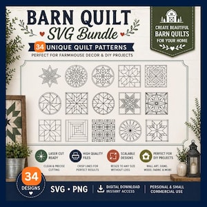 Può includere: Un pacchetto grafico scaricabile digitalmente con 34 modelli unici di trapunte da fienile. I disegni sono perfetti per l'arredamento della fattoria e i progetti fai-da-te. L'immagine include il testo "Barn Quilt SVG Bundle" e "Create Beautiful Barn Quilts for Your Home."