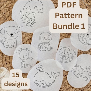 May include: A PDF pattern bundle with 15 designs of charming animal illustrations, such as a dolphin, puppy, turtle, goat, squirrel, whale, horse, and lion. The illustrations are in black and white.