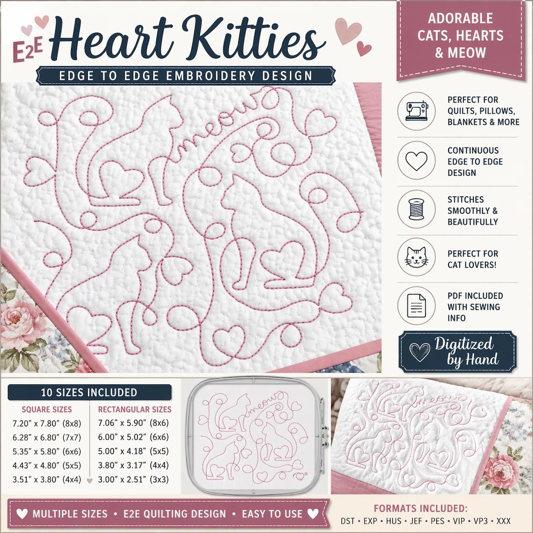 Heart Kitties Embroidery Design, Continuous Line E2E Cats & Meow ...