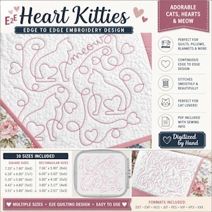 Broderidesign med hjärtkattungar, kontinuerlig linje E2E Katter och mjau quiltblockmönster (digital nedladdning)