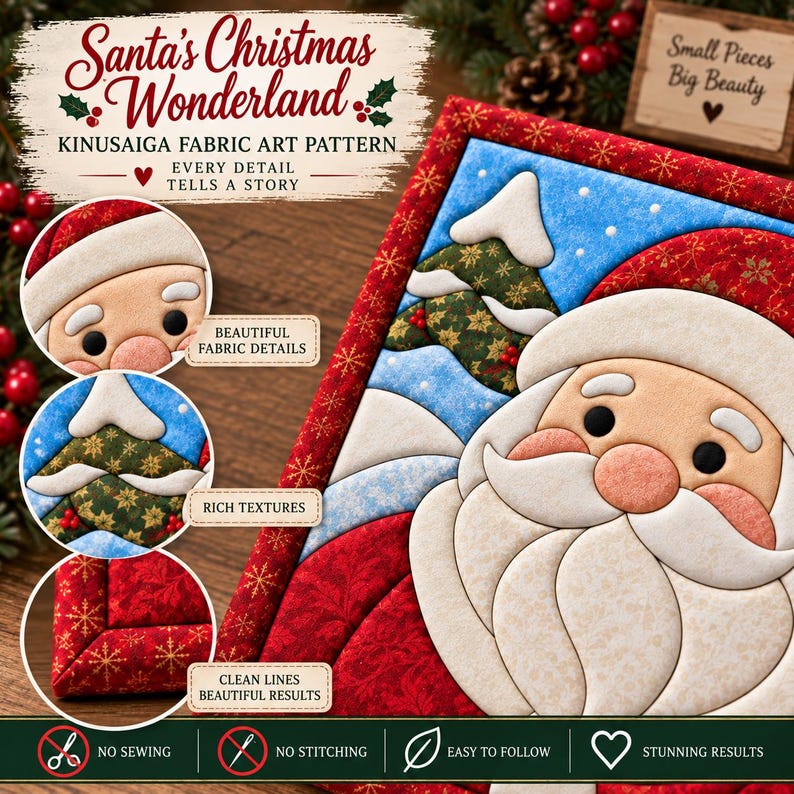 Santa's Christmas Wonderland Kinusaiga Fabric Art Pattern, No-sew ...