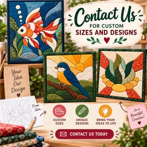 Peut inclure: Trois d&eacute;corations murales carr&eacute;es en tissu repr&eacute;sentant un poisson rouge, un oiseau bleu et un motif floral. Le texte indique "Contact Us FOR CUSTOM SIZES AND DESIGNS", "Your Idea Our Design", "From Idea... to a Beautiful Creation!" et "CONTACT US TODAY".