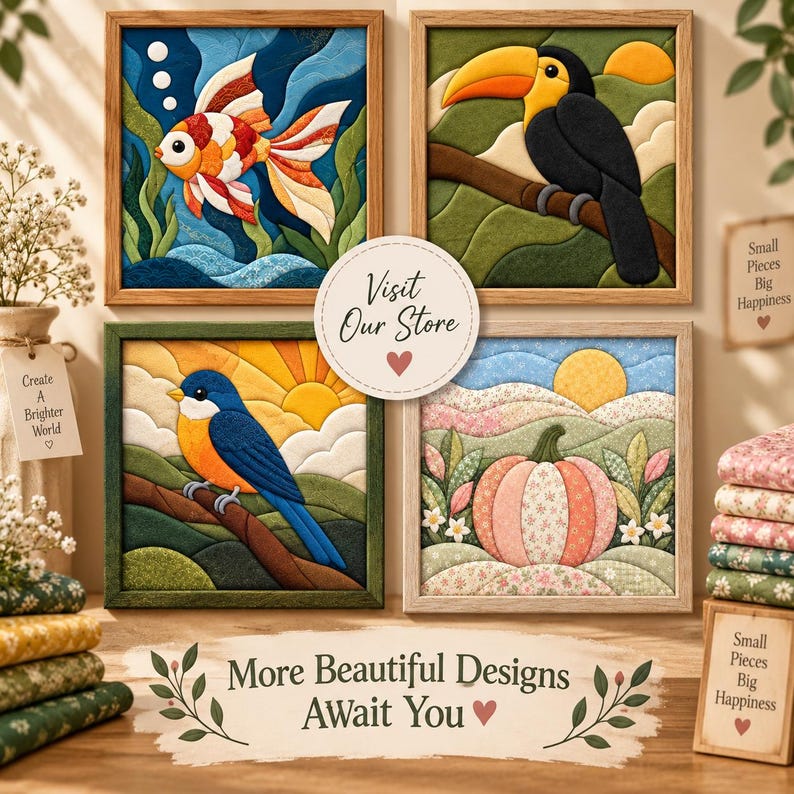 Peut inclure: Quatre tableaux carr&eacute;s en tissu encadr&eacute;s repr&eacute;sentant un poisson rouge, un toucan, un oiseau bleu et une citrouille. Chaque image utilise des textures et motifs textiles superpos&eacute;s. Un signe circulaire indique Visit Our Store.