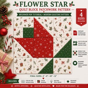 Flower Star Quilt Block Patchwork Pattern, Beginner PDF Tutorial, Modern Quilting Pattern (Digital Download)