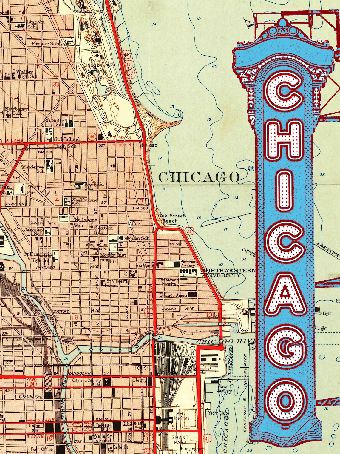 Chicago Theater With Map Background Wood Block Art Print Etsy