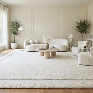 May include: A large, rectangular, off-white area rug with a textured, shaggy surface and a smooth, flat-woven border. The rug is positioned in a living room featuring a curved sofa, two armchairs, a round wooden coffee table, and a fireplace.