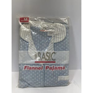 May include: A packaged set of blue flannel pajamas with a white floral pattern. The pajamas have white striped trim and the words "SIMPLY BASIC" and "Flannel Pajama" printed on the packaging. The size is medium.