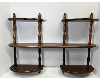Vtg Mid Century Colonial Dark Wood Spindle Wall Display Shelf Curio 24" Tiered