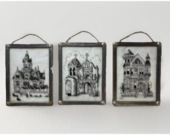 Vintage 1977 Signed Architectural Art Triptych W Berrie Metal Framed Wall Decor