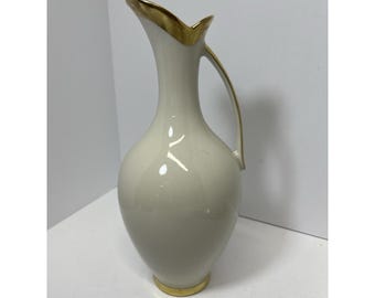 Vintage Royal Porzellan Bavaria Vase Pitcher 22k Gold Gilt Handle Handmade 9"