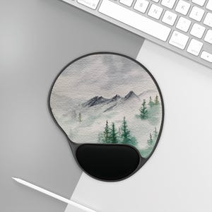 Ergonomic Mouse Pad with Memory Foam Wrist Rest | Misty Forest Watercolor Art | Hand Painted Nature Office Gift | Zen Desk Gift