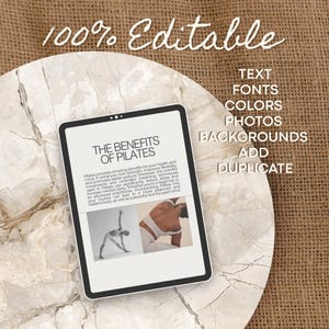Puede incluir: Una tableta digital muestra una presentaci&oacute;n titulada "THE BENEFITS OF PILATES" con texto e im&aacute;genes. La tableta est&aacute; sobre una superficie similar al m&aacute;rmol, con las palabras "100% Editable" en la parte superior. Texto adicional a la derecha incluye "TEXT, FONTS, COLORS, PHOTOS, BACKGROUNDS, ADD, DUPLICATE".