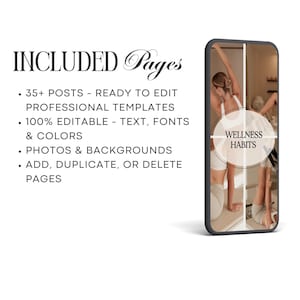 Puede incluir: Maqueta de producto digital con un smartphone que muestra una plantilla de bienestar. El tel&eacute;fono est&aacute; sobre una superficie blanca, con el texto "INCLUDED Pages" y vi&ntilde;etas que enumeran caracter&iacute;sticas como plantillas editables y fotos.