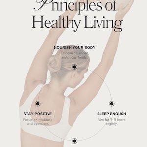 Puede incluir: Imagen con el texto "Principios de una vida saludable" y consejos para un estilo de vida saludable. Los consejos incluyen nutrir tu cuerpo, mantener una actitud positiva, dormir lo suficiente y mantenerte activo. Una persona sostiene una pelota.