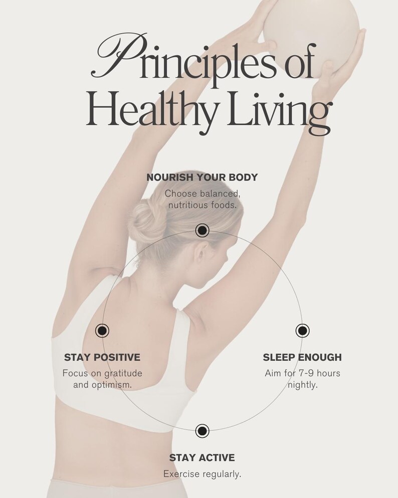 Puede incluir: Imagen con el texto "Principios de una vida saludable" y consejos para un estilo de vida saludable. Los consejos incluyen nutrir tu cuerpo, mantener una actitud positiva, dormir lo suficiente y mantenerte activo. Una persona sostiene una pelota.