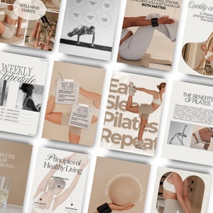 Puede incluir: Una colecci&oacute;n de carteles de Pilates en beige y blanco. Los carteles presentan im&aacute;genes de personas haciendo ejercicios de Pilates, junto con textos como "Wellness Habits", "Weekly Schedule" y "Eat Sleep Pilates Repeat."