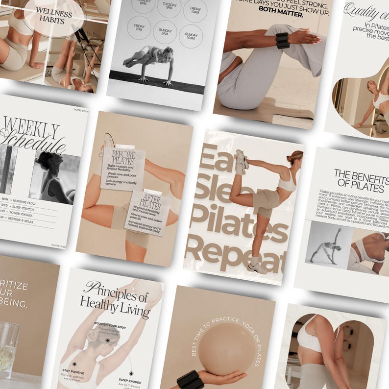 Puede incluir: Una colecci&oacute;n de carteles de Pilates en beige y blanco. Los carteles presentan im&aacute;genes de personas haciendo ejercicios de Pilates, junto con textos como "Wellness Habits", "Weekly Schedule" y "Eat Sleep Pilates Repeat."