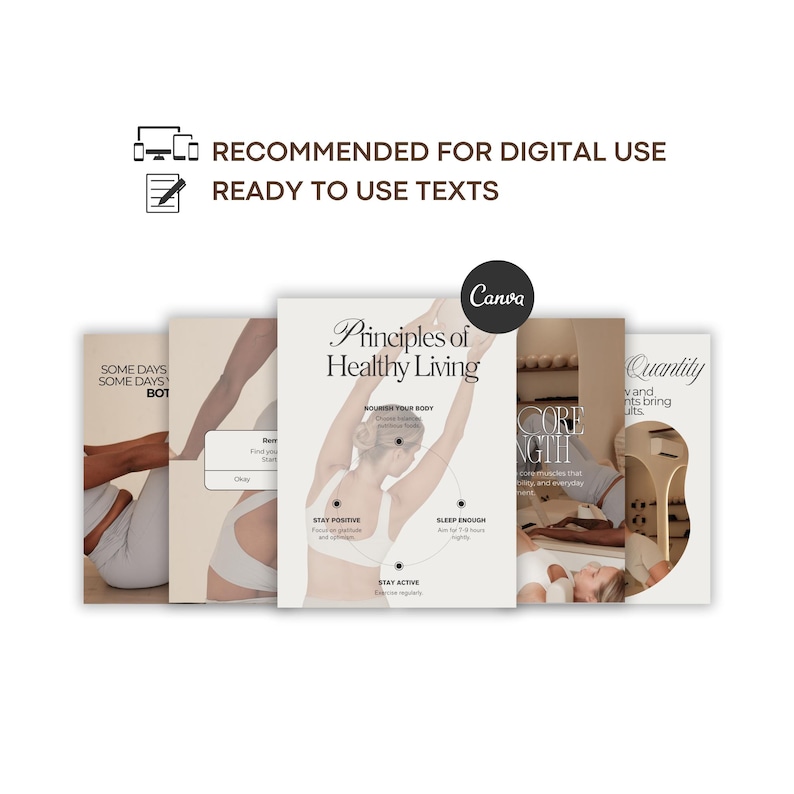 Puede incluir: Un conjunto de gr&aacute;ficos digitales en tonos neutros, con los textos "Principios de vida saludable", "Fuerza central" y "Cantidad". Los gr&aacute;ficos incluyen ilustraciones de personas haciendo ejercicio. Tambi&eacute;n est&aacute; presente el texto "Recomendado para uso digital".
