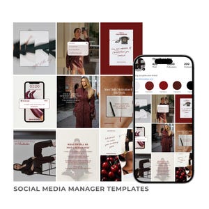 May include: A collection of social media manager templates with a burgundy and white color scheme. The templates include motivational quotes, reminders, and Instagram post mockups. The text "SOCIAL MEDIA MANAGER TEMPLATES" is at the bottom.