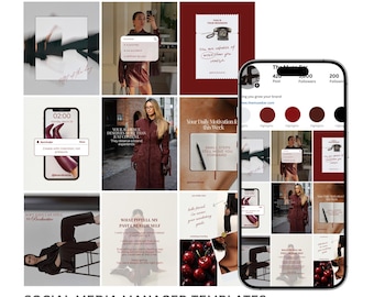 Plantillas de Instagram en color burdeos / Paquete de redes sociales Canva para gerentes / Descarga digital editable para marketing y branding