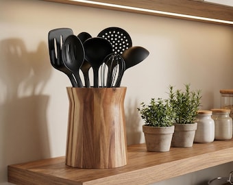 Solid Wood Utensil Holder | Rustic Farmhouse Kitchen Organizer