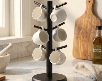Bamboo Mug Tree Stand | Rustic Countertop Cup Organizer Rack