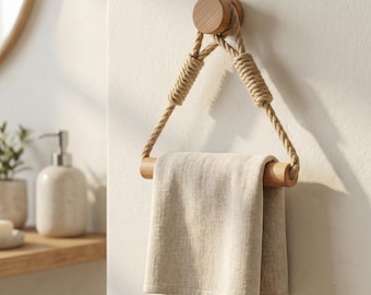 Rustic Wood & Jute Rope Toilet Paper Holder | Farmhouse Towel Rack
