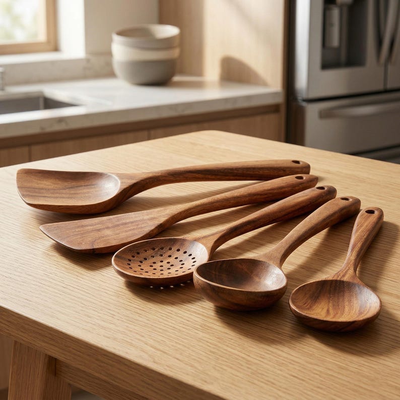 May include: A set of five wooden kitchen utensils, including a spatula, slotted spoon, and various spoons. The utensils are made of a warm-toned wood and are arranged on a light-colored wooden surface.