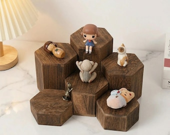 Rustic Style Six Hexagon Wooden Display Stand Set | Jewelry Riser Mini Pedestal Decor Shelf
