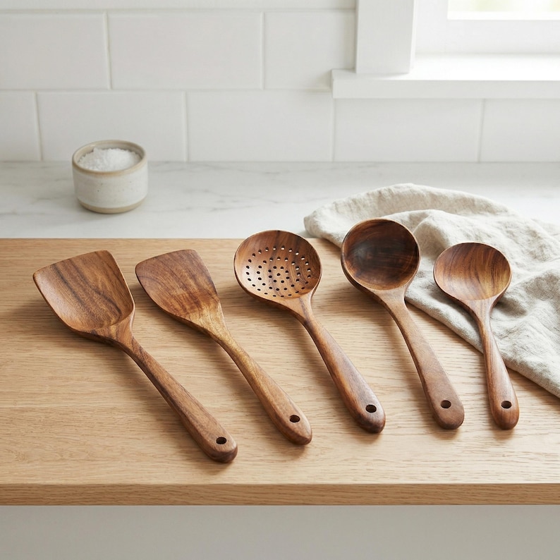 May include: A collection of five wooden kitchen utensils, including a spatula, slotted spoon, and various spoons. The utensils are made of a warm-toned wood and are arranged on a light-colored wooden surface.