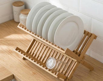 Faltbarer Bambusgeschirrtrockner | 2 Tier Abtropfschale aus Holz | Küchentheke Organizer
