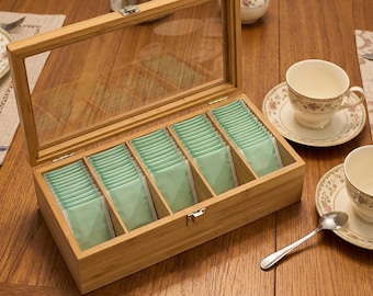 Rustic Style Bamboo Tea Bag Organizer Box | 5 Compartment Coffee Storage Case | Kitchen Counter Organizer