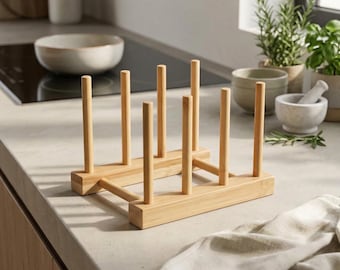 Bamboo Kitchen Dish Drying Rack | Wooden Plate Holder Organizer | Multi-Purpose Things Organizer