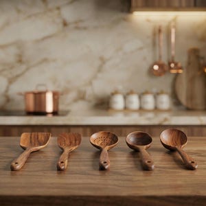 May include: Five wooden kitchen utensils, including a spatula, slotted spoon, and serving spoons, are arranged on a wooden surface. The utensils are made of a warm-toned wood and have a smooth finish. The background features a kitchen setting.