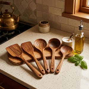May include: A collection of wooden kitchen utensils, including a spatula, slotted spoon, and ladle, arranged on a wooden cutting board. The utensils are made of a warm-toned wood and are displayed on a countertop with other kitchen items.