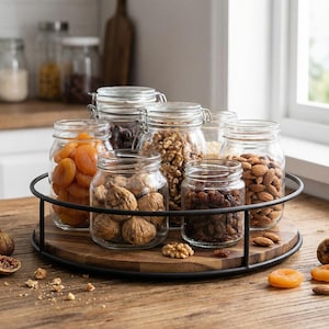 Puede incluir: Una bandeja de madera con borde de metal negro contiene varios frascos de vidrio llenos de frutos secos y nueces. Los frascos contienen albaricoques, higos, nueces, almendras y pasas. La bandeja está sobre una superficie de madera.