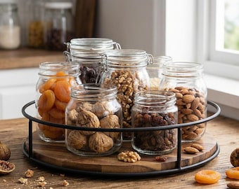 Rotating Wooden Lazy Susan Organizer | Metal Frame Kitchen Counter Tray
