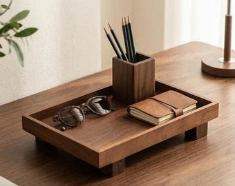 Minimal Style Wooden Serving Tray | Raised Organizer Desk Table Storage