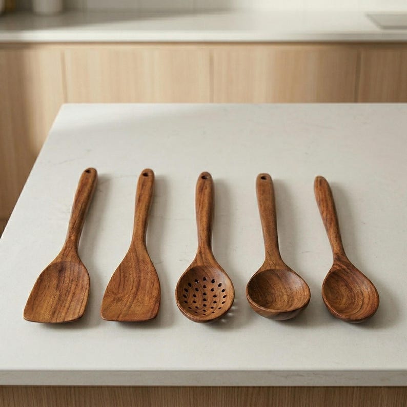 May include: A set of five wooden kitchen utensils, including a spatula, slotted spoon, and serving spoons. The utensils are made of a warm-toned wood and are arranged on a white countertop. The spoons have a smooth, polished finish.