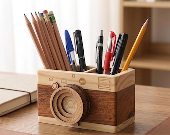 Holz Kamera Stil Stifthalter | Stilvoller Schreibtisch Organizer | Kreatives Büro-Aufbewahrungsdekor