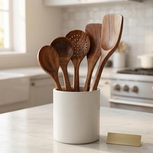 May include: A set of five wooden kitchen utensils, including spoons and a spatula, displayed in a white ceramic holder. The utensils are made of a rich, dark wood and are arranged in a row. The holder sits on a marble countertop.