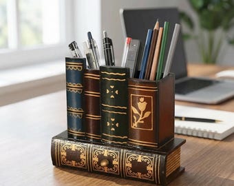 Book Shaped Pen Holder | Vintage Library Desk Organizer with Drawer