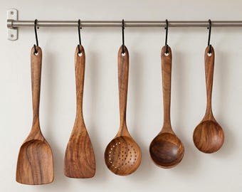 5er Set Küchenutensilien | Rustikales Kochlöffel-Set