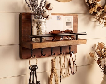 Rustic Wood Wall Mounted Key Holder | Entryway Mail Organizer