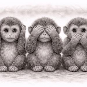 Puede incluir: Ilustración en blanco y negro de tres monos en la postura de 'no ver, no oír, no hablar'. Cada mono se cubre los ojos, los oídos y la boca. Los monos tienen ojos grandes y expresivos.