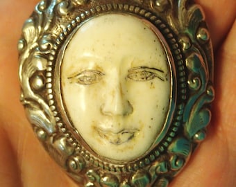 Goddess Face Pendant in Tibetan Silver Repousse